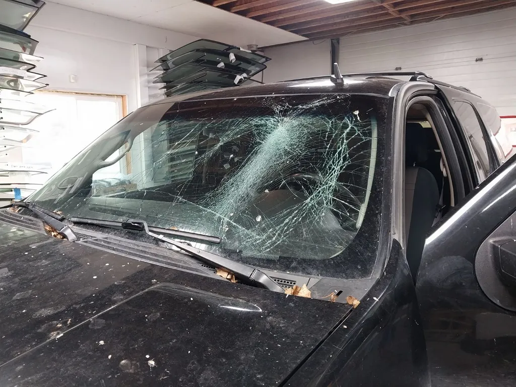 Vehicle windshield with extensive impact damage and spiderweb cracking
