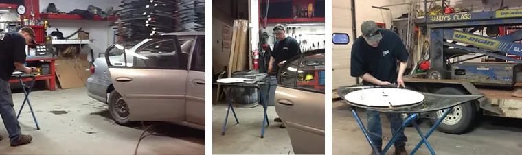 Three-image sequence showing technicians working on vehicle door glass inside the Randy’s Glass shop