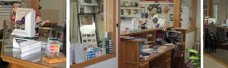 Three-image sequence showing glass at a commercial reception counter